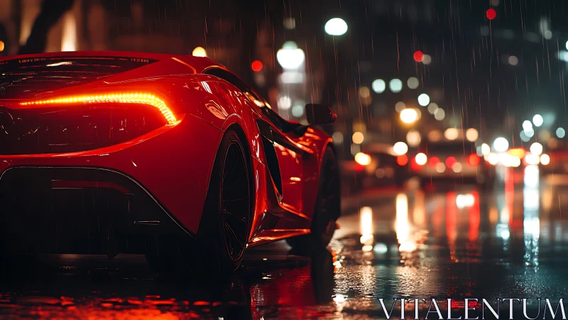 Red supercar idles on wet city street under night rain