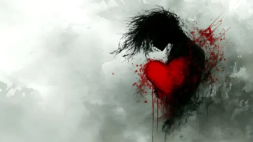 Shadowed figure cradling a fierce, bleeding red heart.