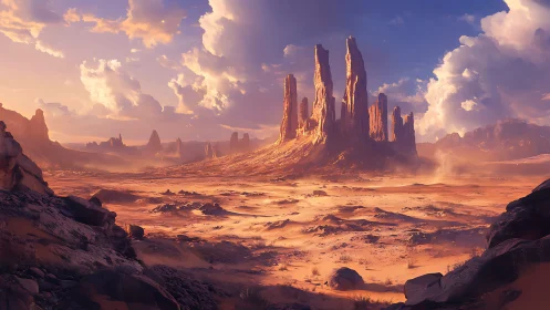 Digital painting of monumental desert spires at sunset.