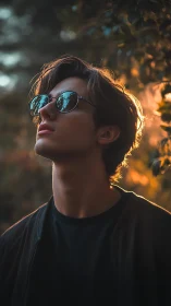 Side profile of person in sunglasses with backlighting.
