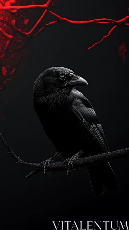 High-contrast raven study against black field with red branches