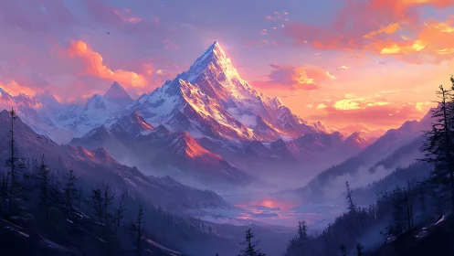 Snow-covered peak under diffuse sunset sky over valley.