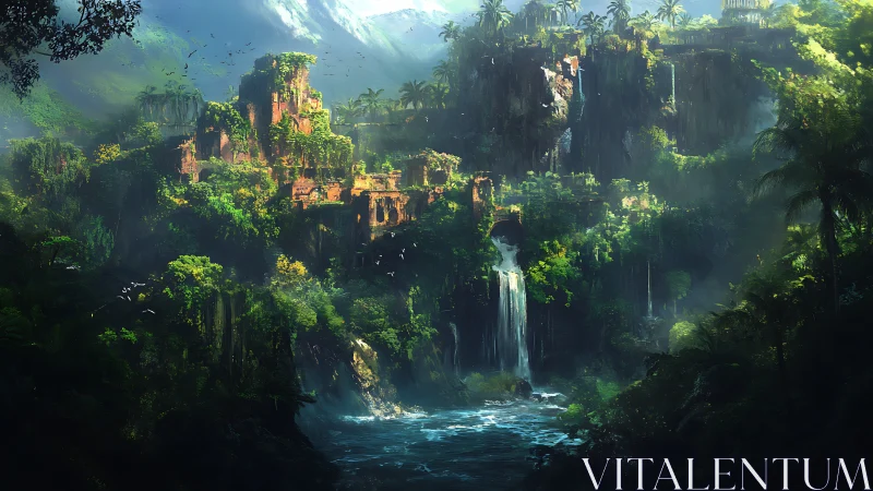 Overgrown Monumental Architecture Within Cavernous Jungle Valley.