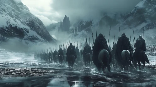 Dark cavalry advances through misty frozen mountain pass.