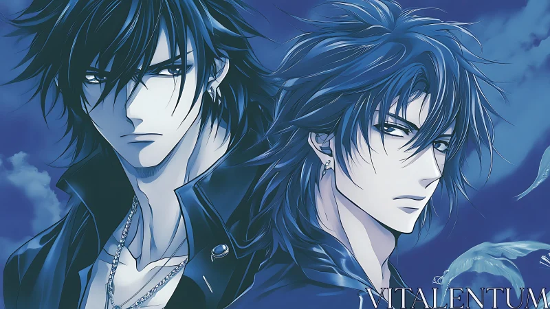 Brooding anime twins in moonlit blue leather jackets.