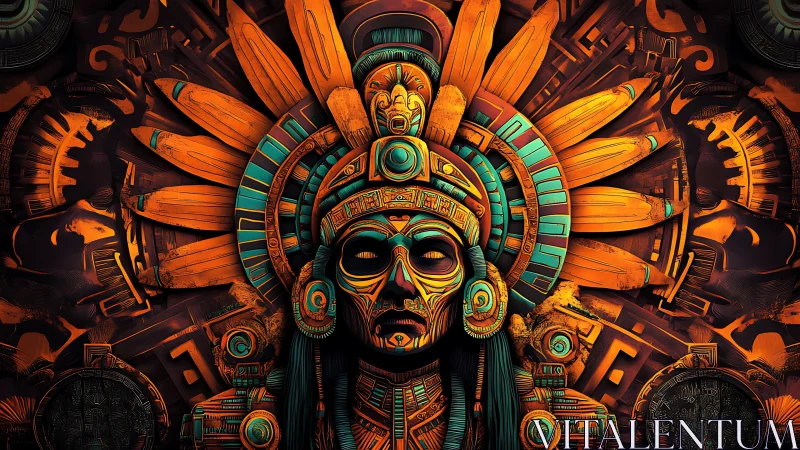 Digital painting of neo-Aztec sun deity mask with radial headdress.
