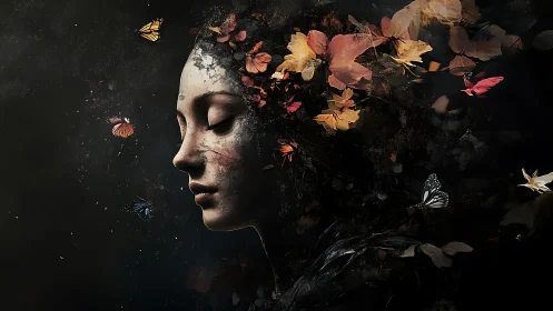 Silent bloom of a dreamlike woman crowned in butterflies.