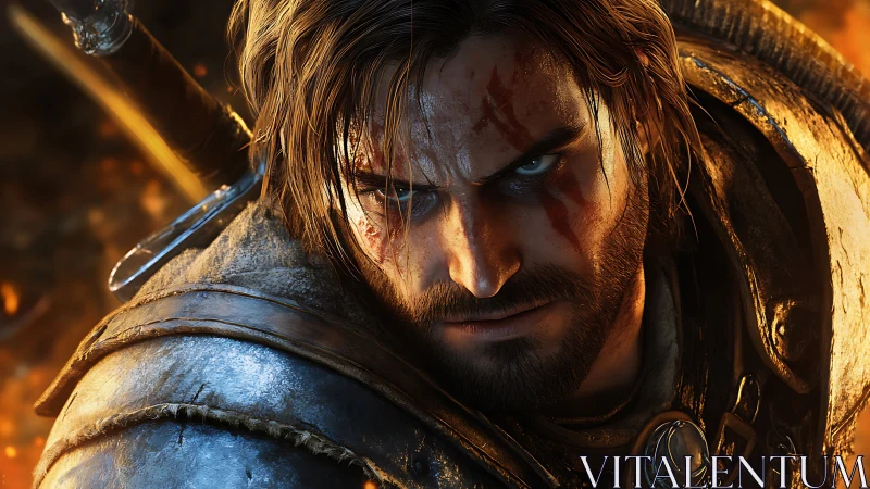 Battle-hardened warrior with sword in blazing conflict