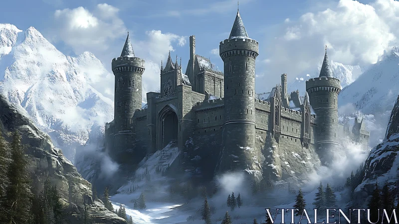 Fortified stone citadel complex in alpine winter mountain pass