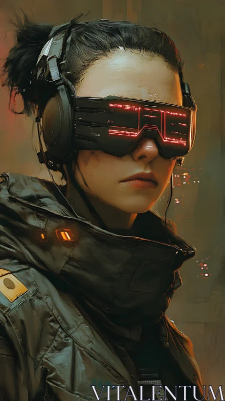 Cyberpunk woman wears heavy headset and red visor display