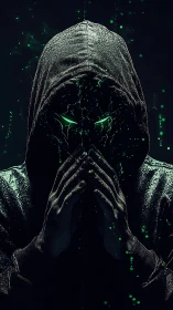 Hooded digital specter hides cracked neon face in shadows