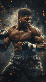 Athlete in Boxing Stance with Dynamic Particle Dispersion Effect