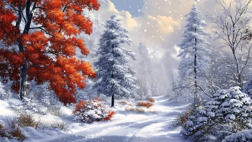 Snow-laden conifer path with high-chroma autumn canopy contrast.