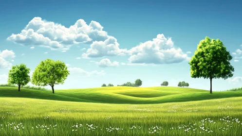 Sunlit rolling meadow with clustered deciduous trees and cumulus clouds