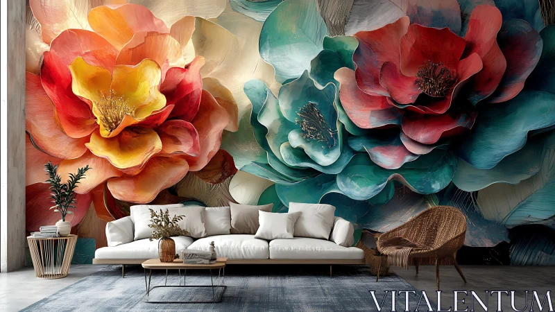 Oversized floral mural transforms a cozy modern living room.