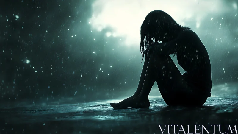 Silhouetted figure in rain with cinematic backlit composition.