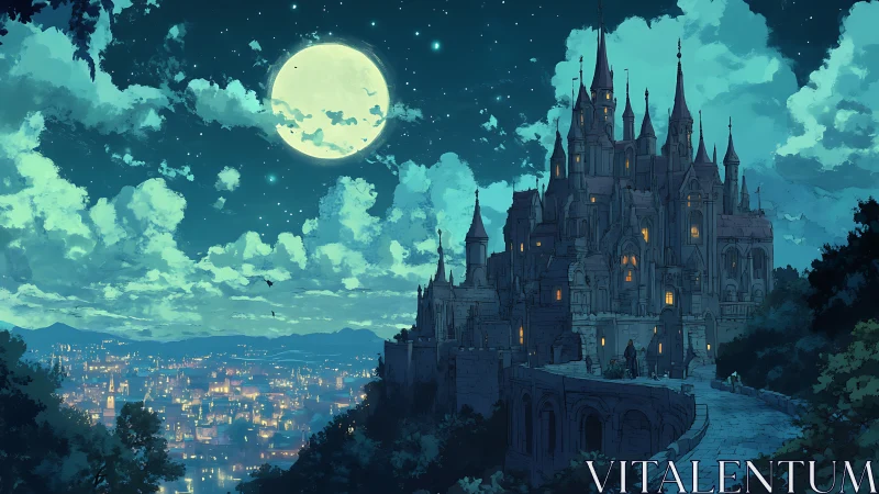 Lunar-illuminated hilltop citadel above sprawling valley city.