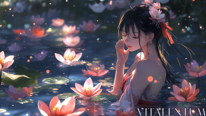 Lotuslit dreamer drifting through twilight water hush.