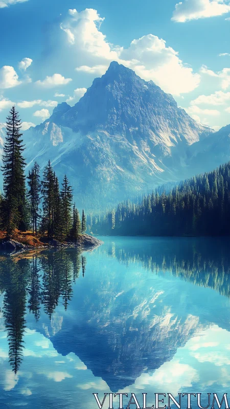 High-altitude glacial lake with mirrored alpine peak and pines