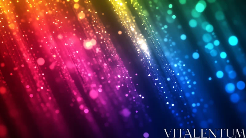 Rainbow light trails cascade through glowing particle field.