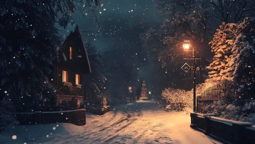 Digital painting of lamplit snowy village lane at nightfall.