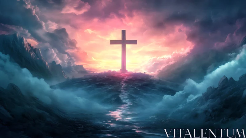 Radiant cross rising over stormlit ocean of mist and hope.