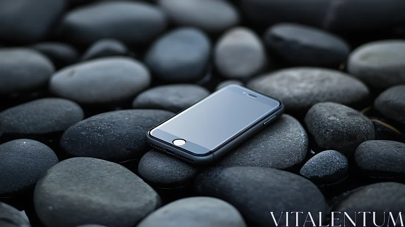 Digital Float: Smartphone Rests Upon Obsidian Pebbles.