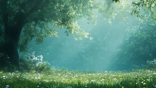 Misty Forest Meadow with Ancient Tree and Glowing Atmosphere.