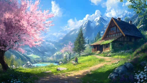 Sunny alpine cottage nestles beside a lake under spring bloom