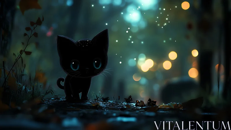 Black Cat with Blue Eyes in Nocturnal Urban Setting.