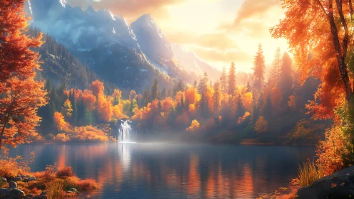 Mountain lake with autumn forest and distant waterfall.
