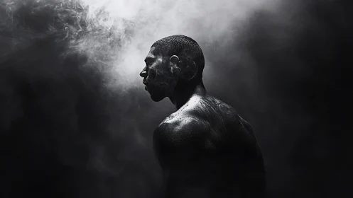 Low key monochrome athletic portrait in atmospheric studio fog