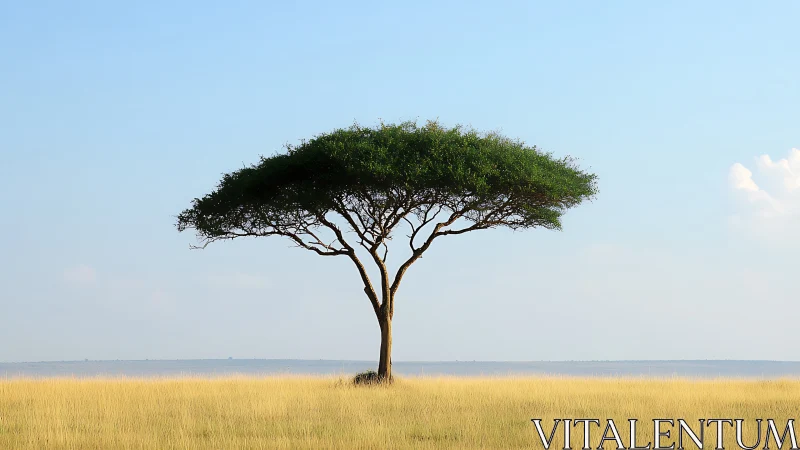 Lone Acacia Tree in African Savannah Under Clear Blue Sky.
