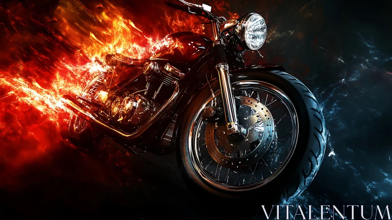 Blazing custom motorcycle roaring through fiery night streets.