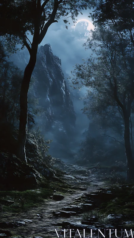 Moonlit Canyon Valley with Silhouetted Deciduous Forest Canopy