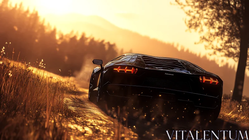 Midnight supercar tearing through sunset forest trail.