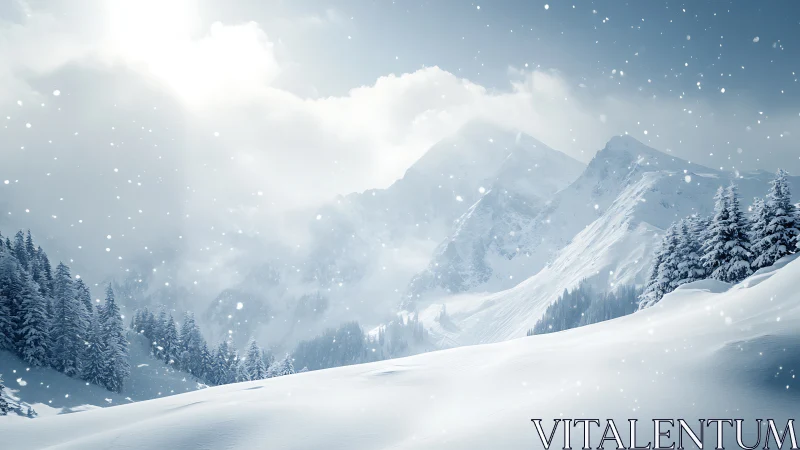 Silent alpine ridgeline under drifting winter snowfall.