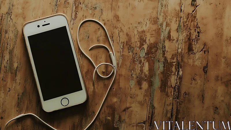 Smartphone with wired earphones on distressed wooden tabletop