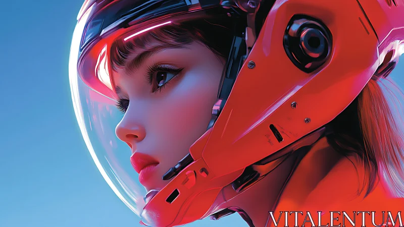 Cybernetic woman in glossy red helmet stares into distance