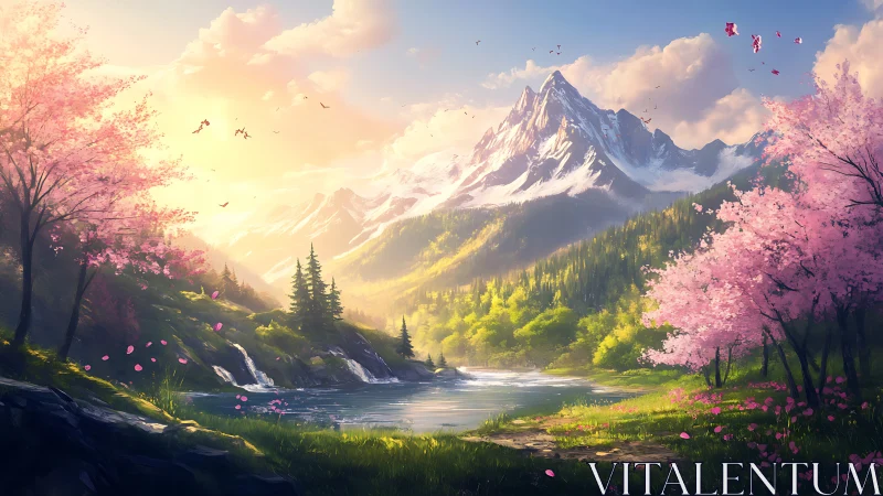 Sunlit mountain valley wrapped in gentle cherry blossom calm.