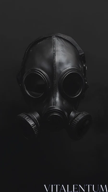 Black gas mask floats in shadow, evoking tension and mystery