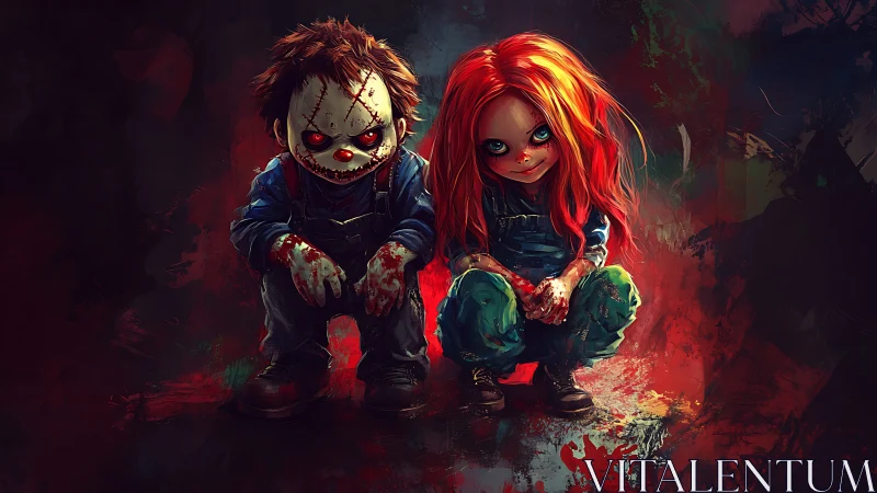 Creepy bloodstained dolls crouching in dark red light.