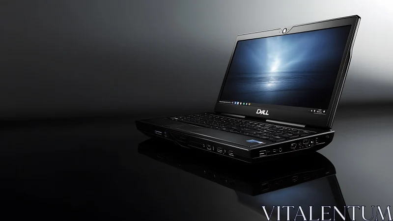 Oblique-view Dell mobile workstation on reflective studio surface.