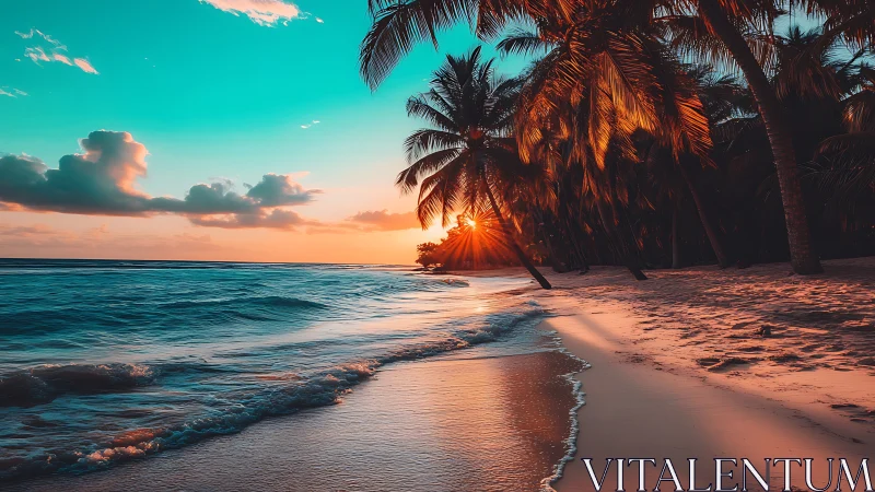 Tropical Sunset Beach with Palm Trees and Ocean Waves.