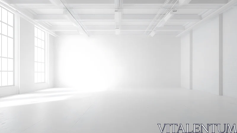 Minimalist white loft interior with expansive daylight glazing.