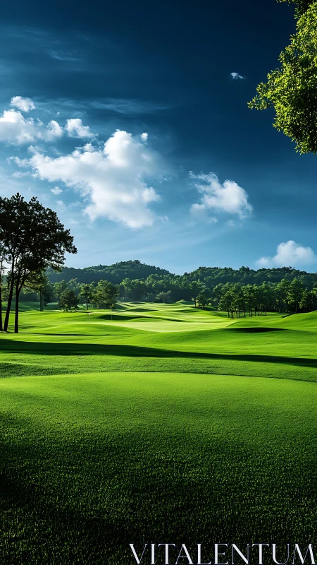 Golf course fairway under clear sky with distant trees.