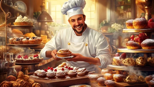 Smiling pastry chef presenting fresh cinnamon roll display.