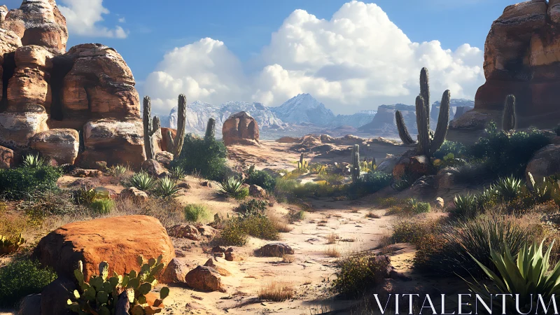 High-fidelity desert canyon scene with cacti and stratified rocks