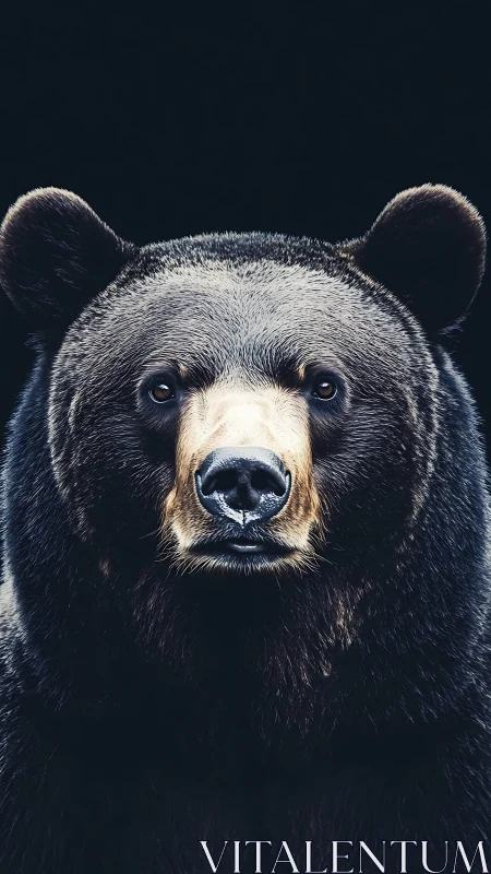 Black bear portrait stands out against deep dark background.