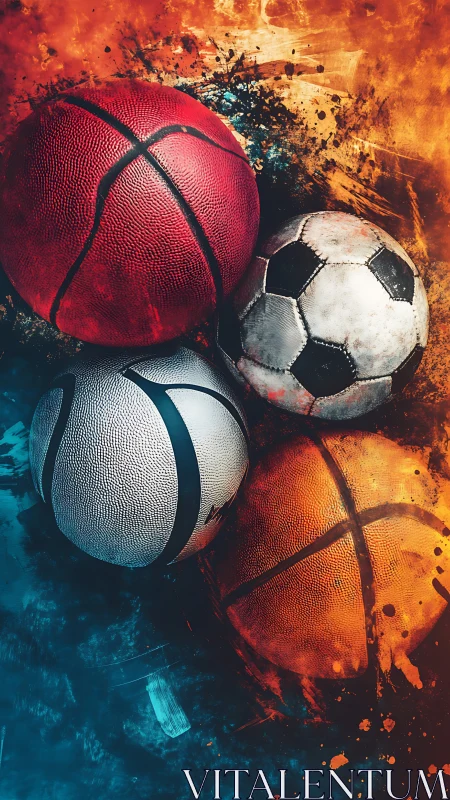 Multisport ball cluster in dynamic bicolor splash field.